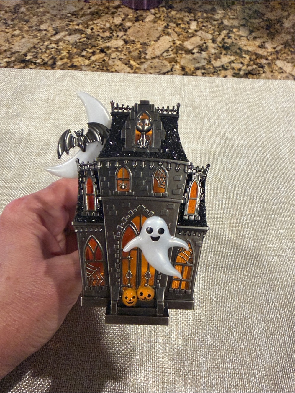 Bath & Body Works Black Haunted House Accent with White Ghost and Orange Windows